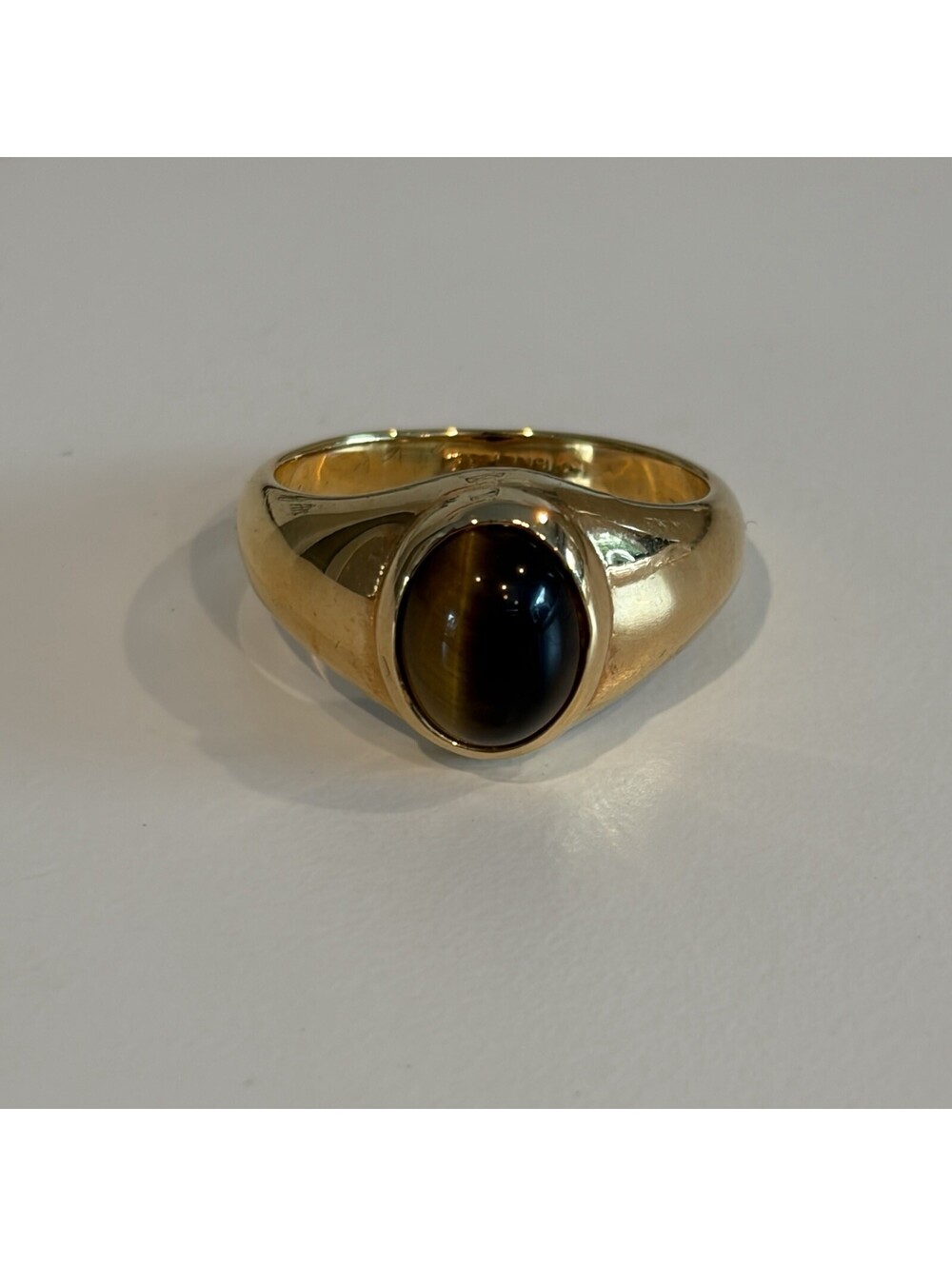 Vintage Mid Century HGE Gold Tiger's Eye Signet Ring Oval Bezel Open Back Sz 9